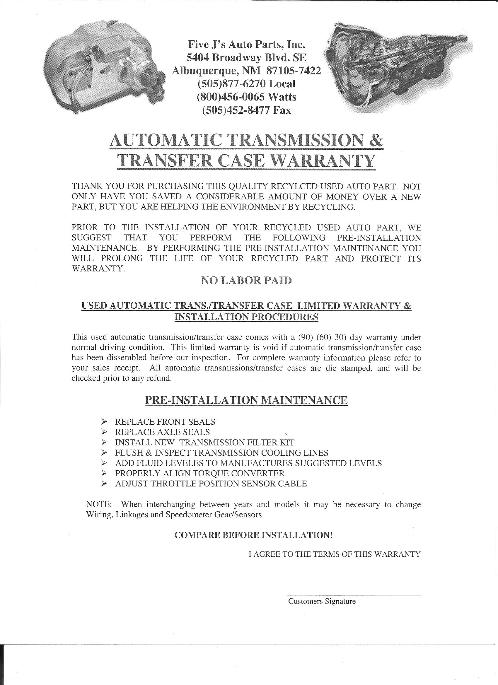 Automatic Transmission & Transfer Case Warranty — Albuquerque, NM — Five J's Auto Parts