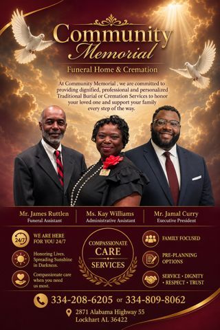 Community Memorial Funeral Home & Cremation Services flyer with three suited presenters on a gold background.