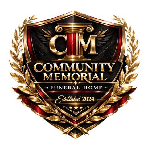 Community Memorial Funeral Home crest logo in gold and black with red accents, Established 2024