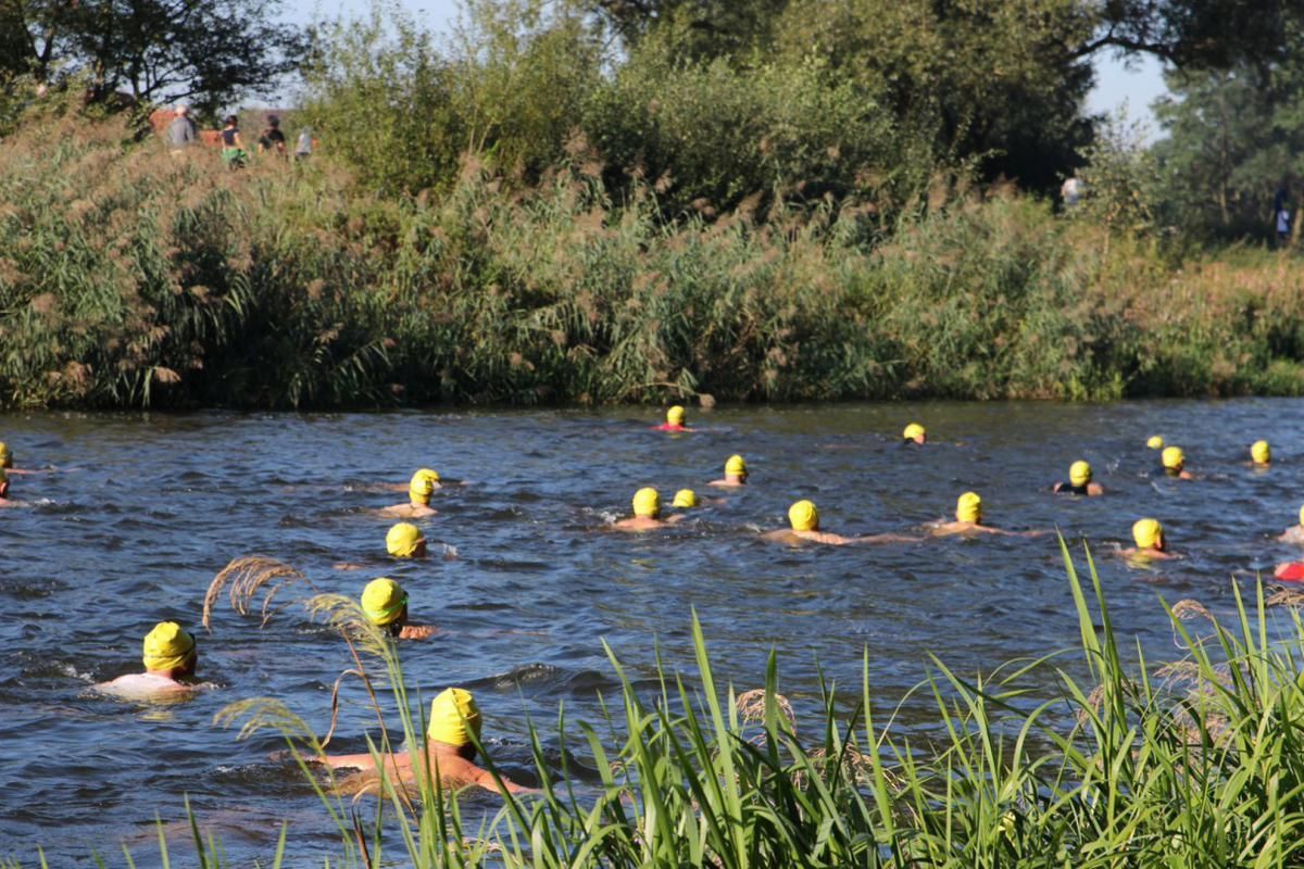 Een groep mensen zwemt in een meer.