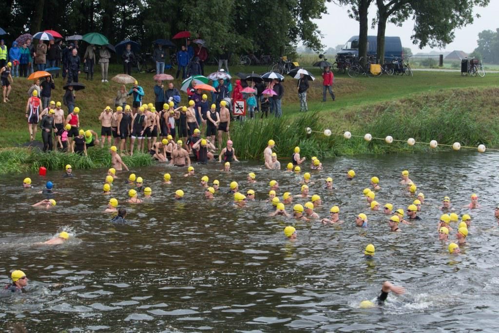 Een groep mensen zwemt in een meer.
