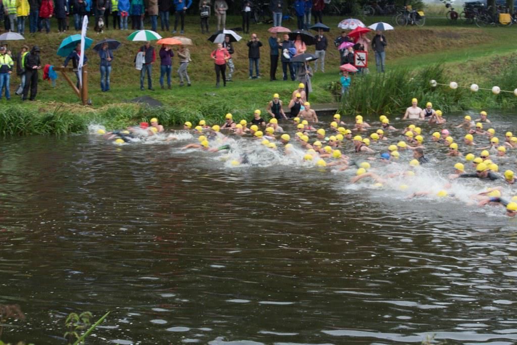 Een groep mensen zwemt in een meer.