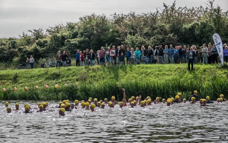 Een groep mensen zwemt in een meer terwijl een menigte toekijkt.