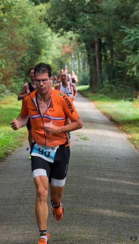 Een groep mensen rent over een pad in het bos.