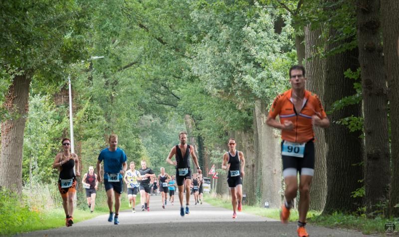 Een groep mensen rent over een weg die omgeven is door bomen.