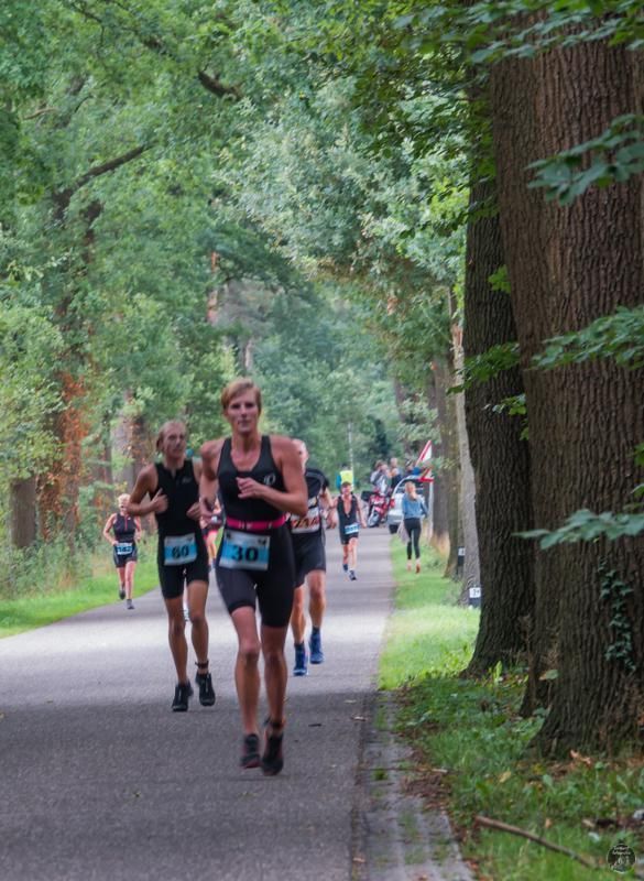 Een groep mensen rent over een weg in het bos.