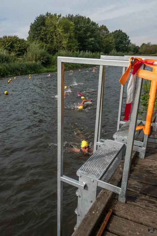 Een groep mensen zwemt in een meer.