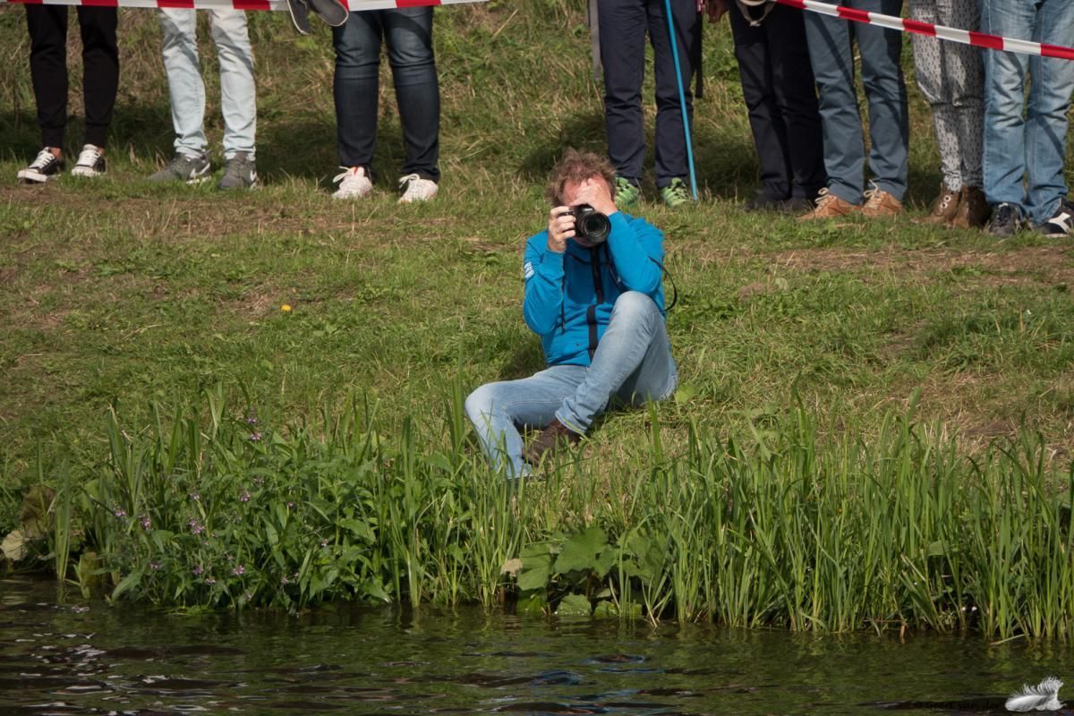 Iemand zit op het gras en maakt een foto van een eend in het water.