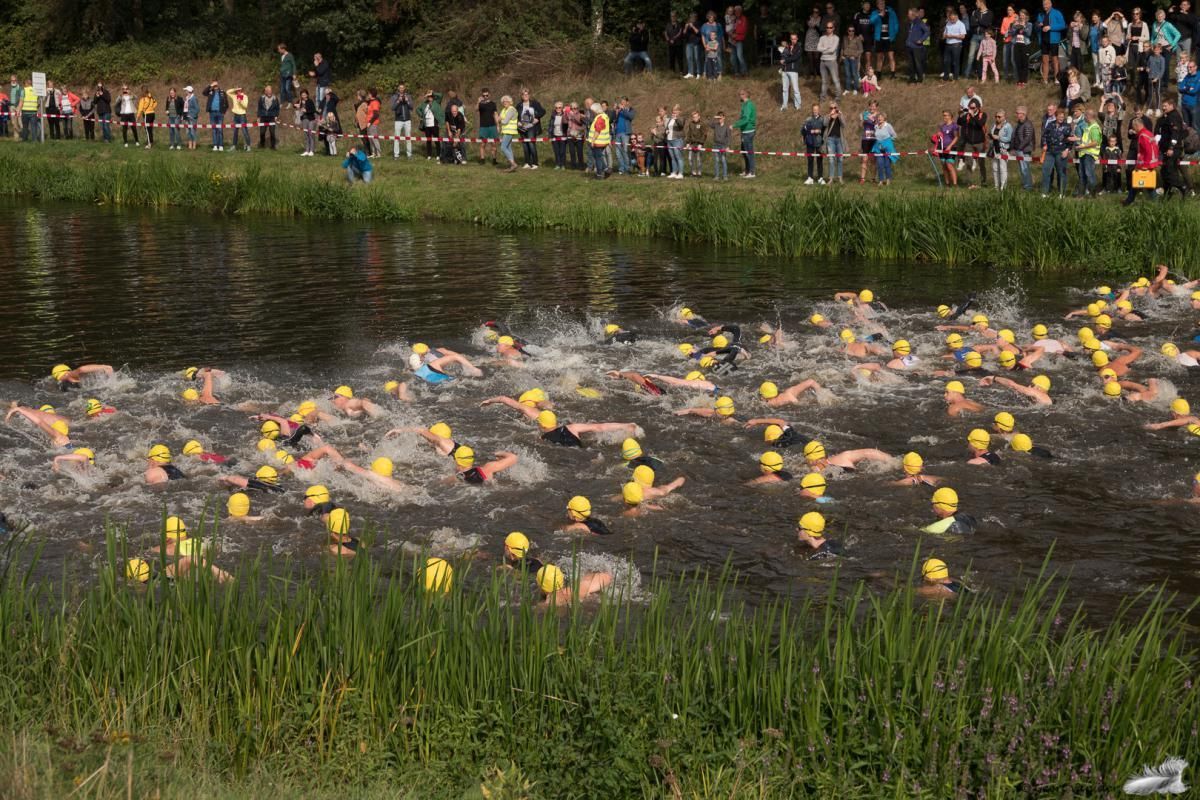 Een groep mensen zwemt in een rivier.