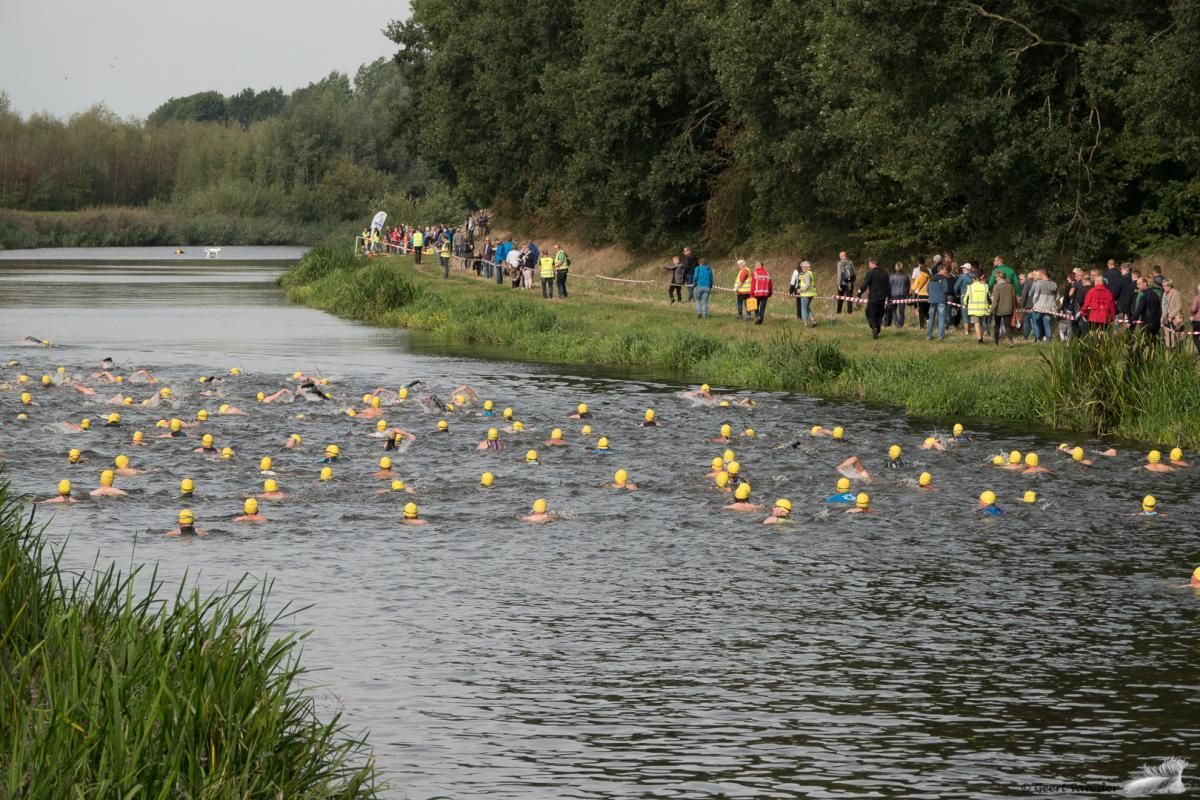 Een groep mensen zwemt in een rivier.