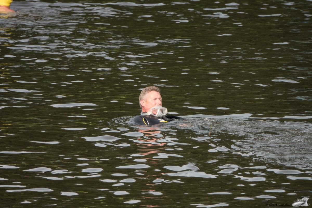 Een man in een wetsuit zwemt in een meer