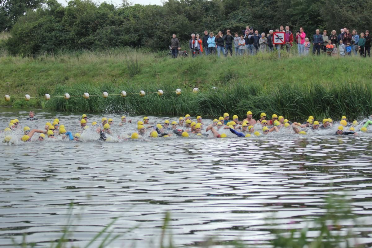 Een groep mensen zwemt in een meer.