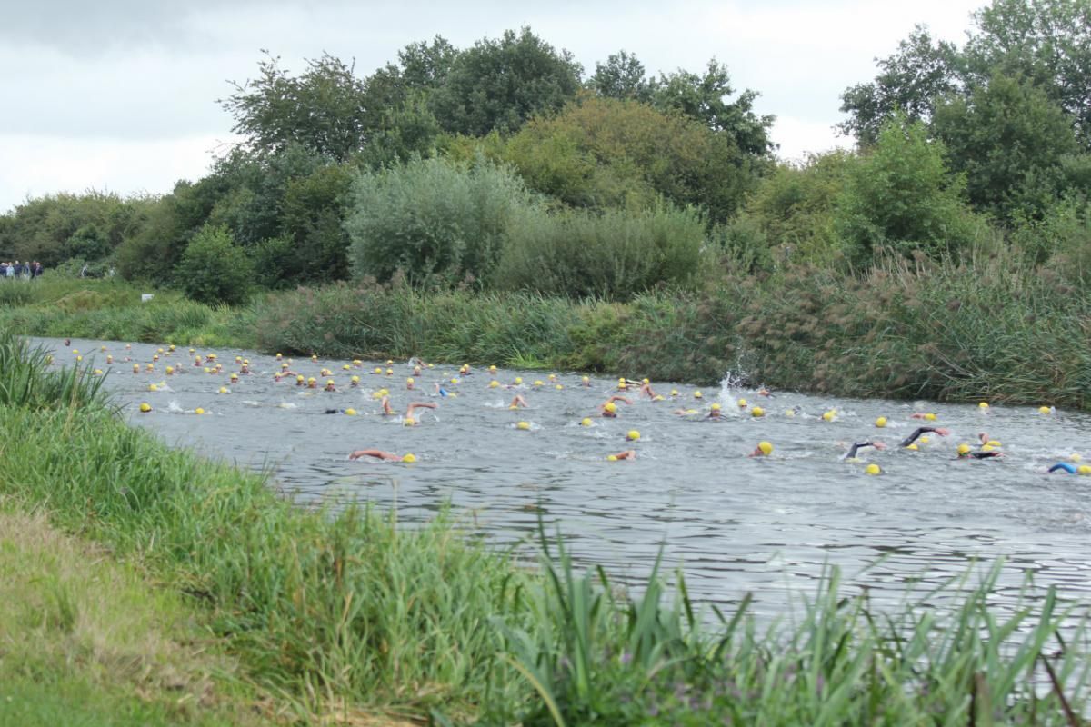 Een groep mensen zwemt in een meer omgeven door bomen.