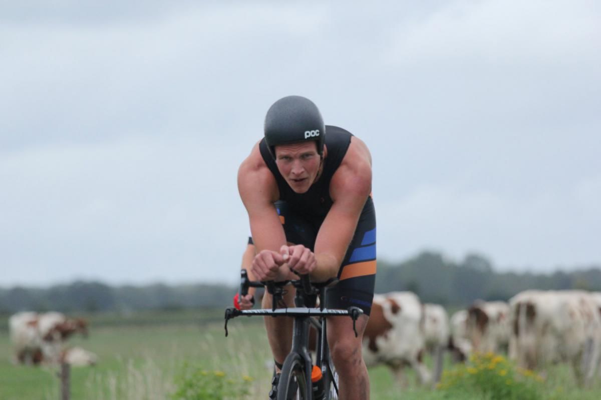 Een man fietst in een veld met koeien op de achtergrond.