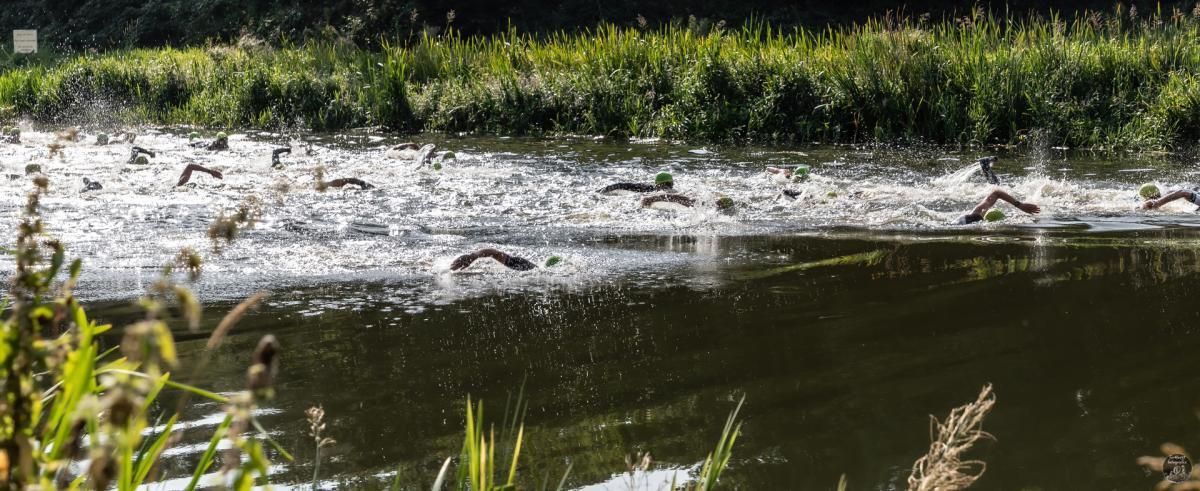 Een groep eenden vliegt over een meer.