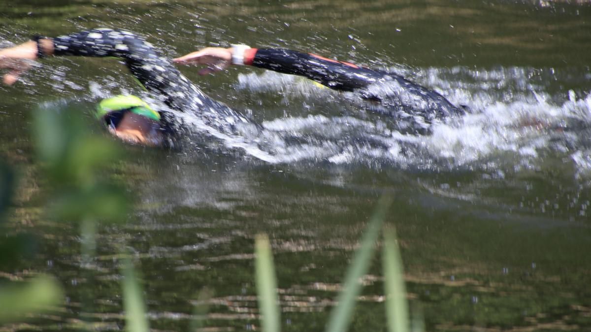 Een groep mensen zwemt in een meer.
