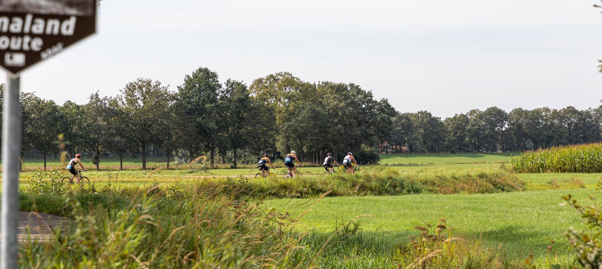 Een groep mensen fietst in een veld.