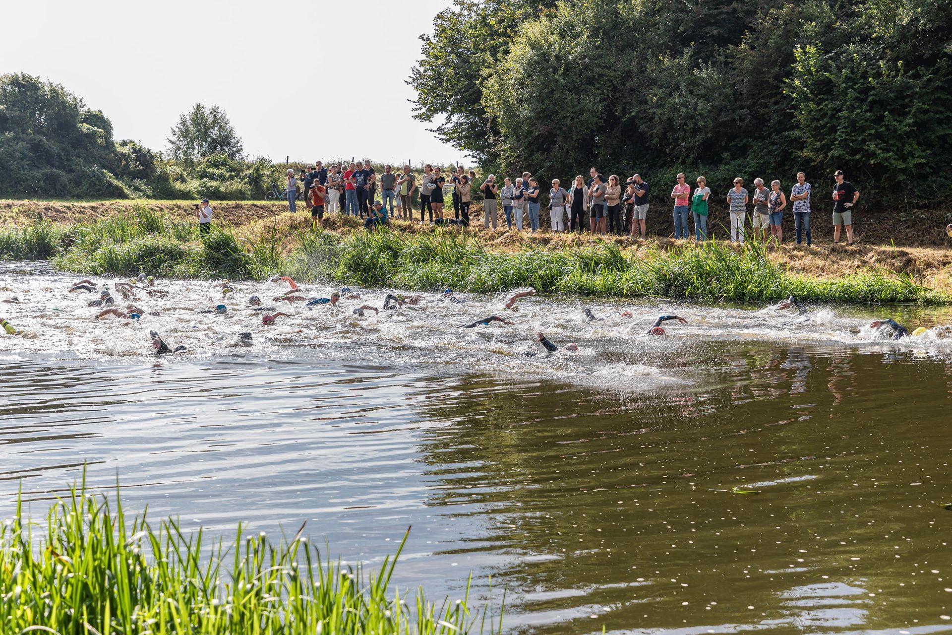 Een groep mensen kijkt naar mensen die in een meer zwemmen.