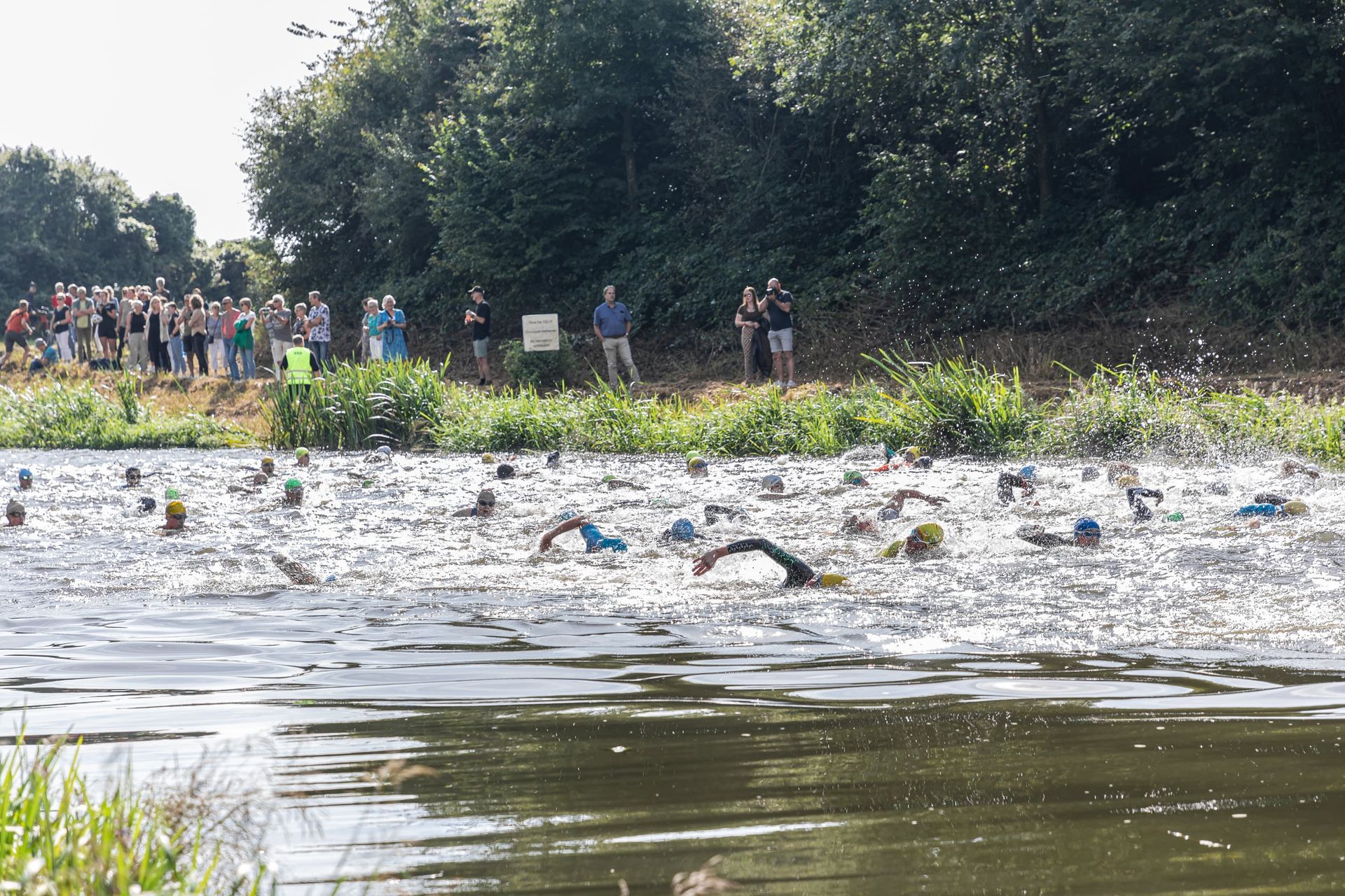 Een groep mensen zwemt in een meer.
