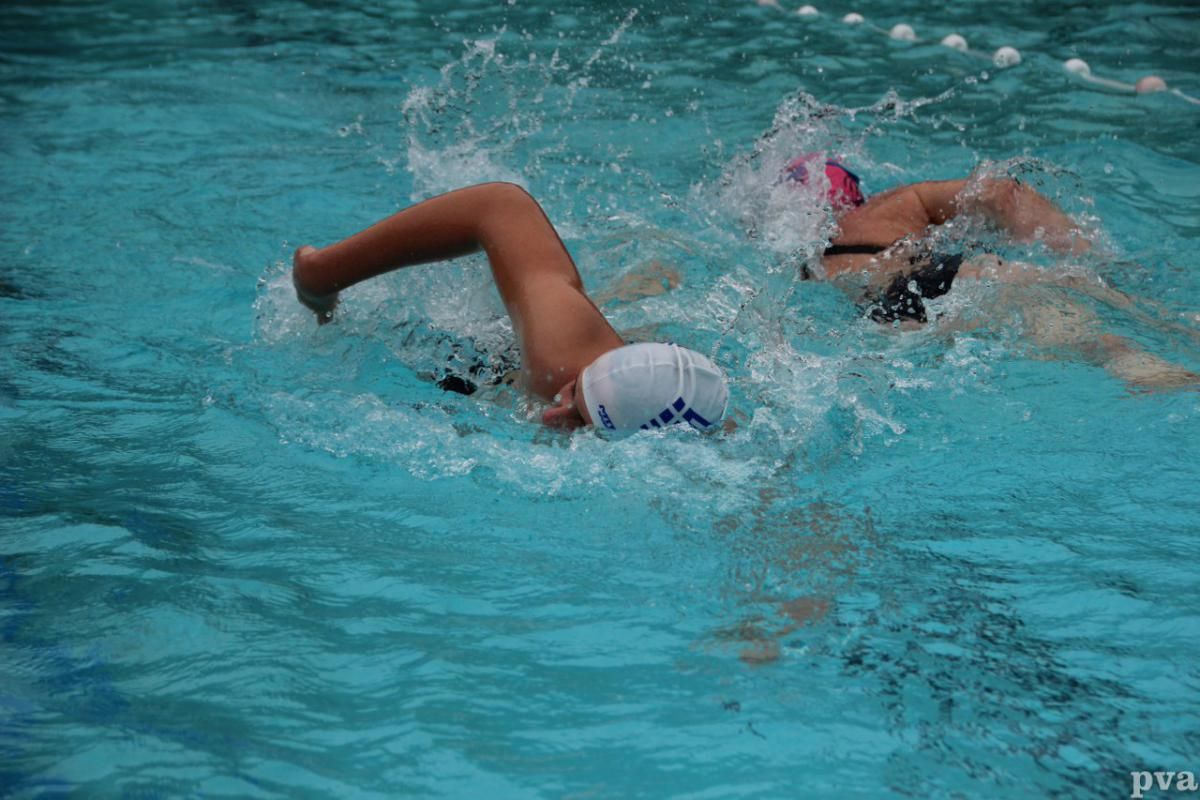 Twee mensen zwemmen in een zwembad.