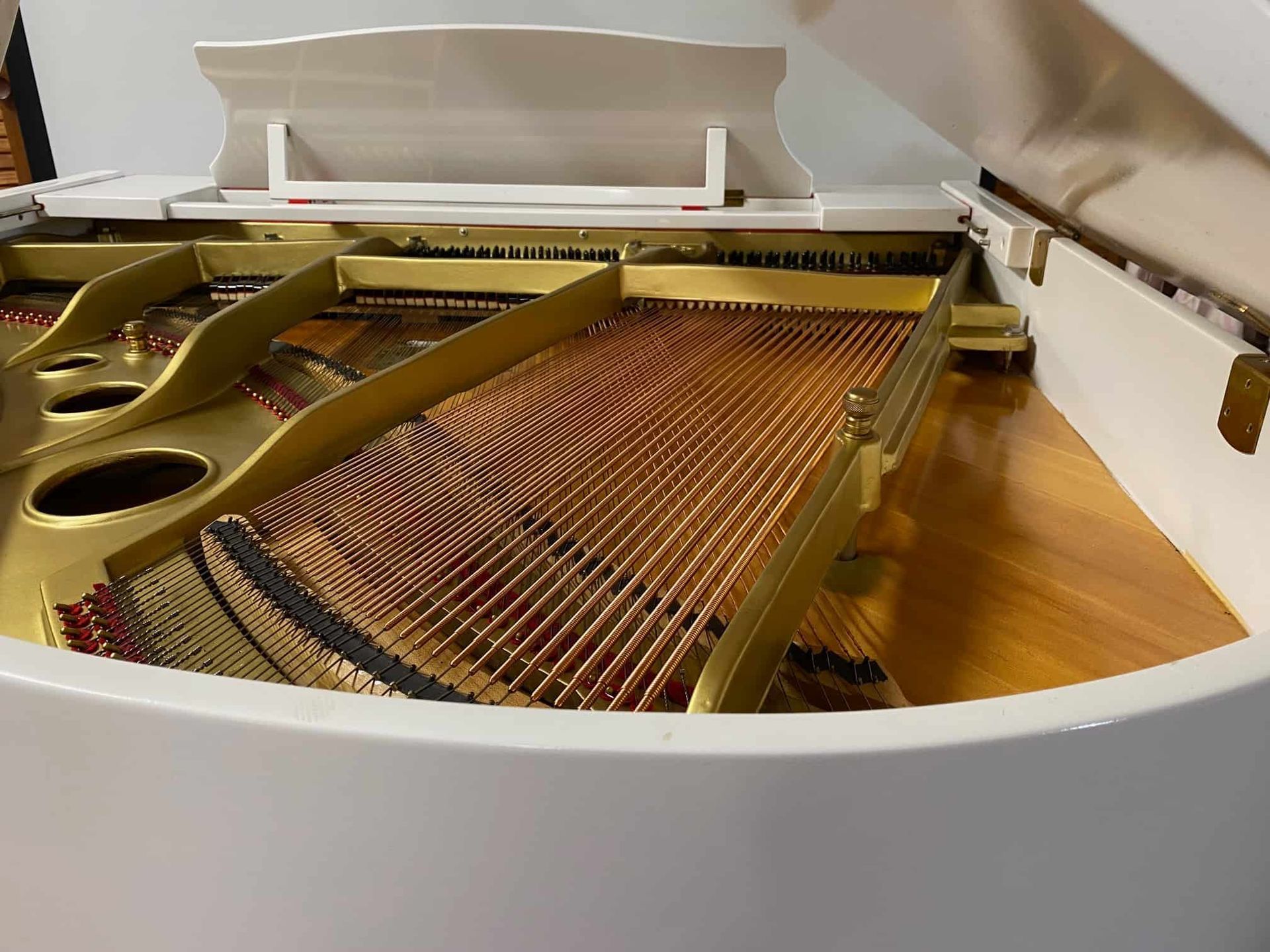 The Inside Of A White Grand Piano With The Lid Open — Doug Simpson Piano Tuning In Manunda, QLD