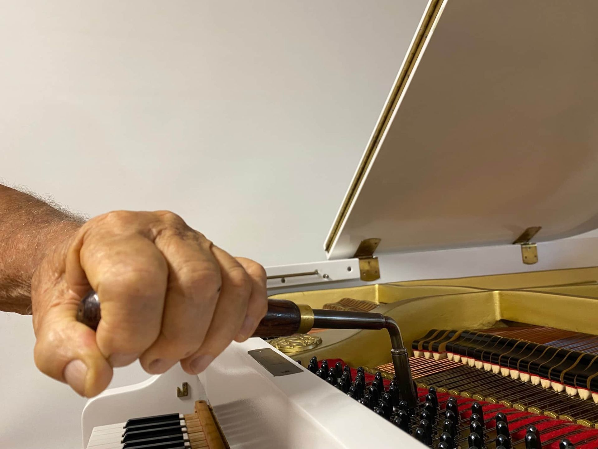 A Person Is Cleaning A Piano With A Brush And A Screwdriver — Doug Simpson Piano Tuning In Manunda, QLD