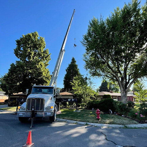 A white truck with a crane attached to it is parked in front of a house.