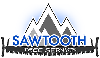 A logo for sawtooth tree service with a mountain in the background.