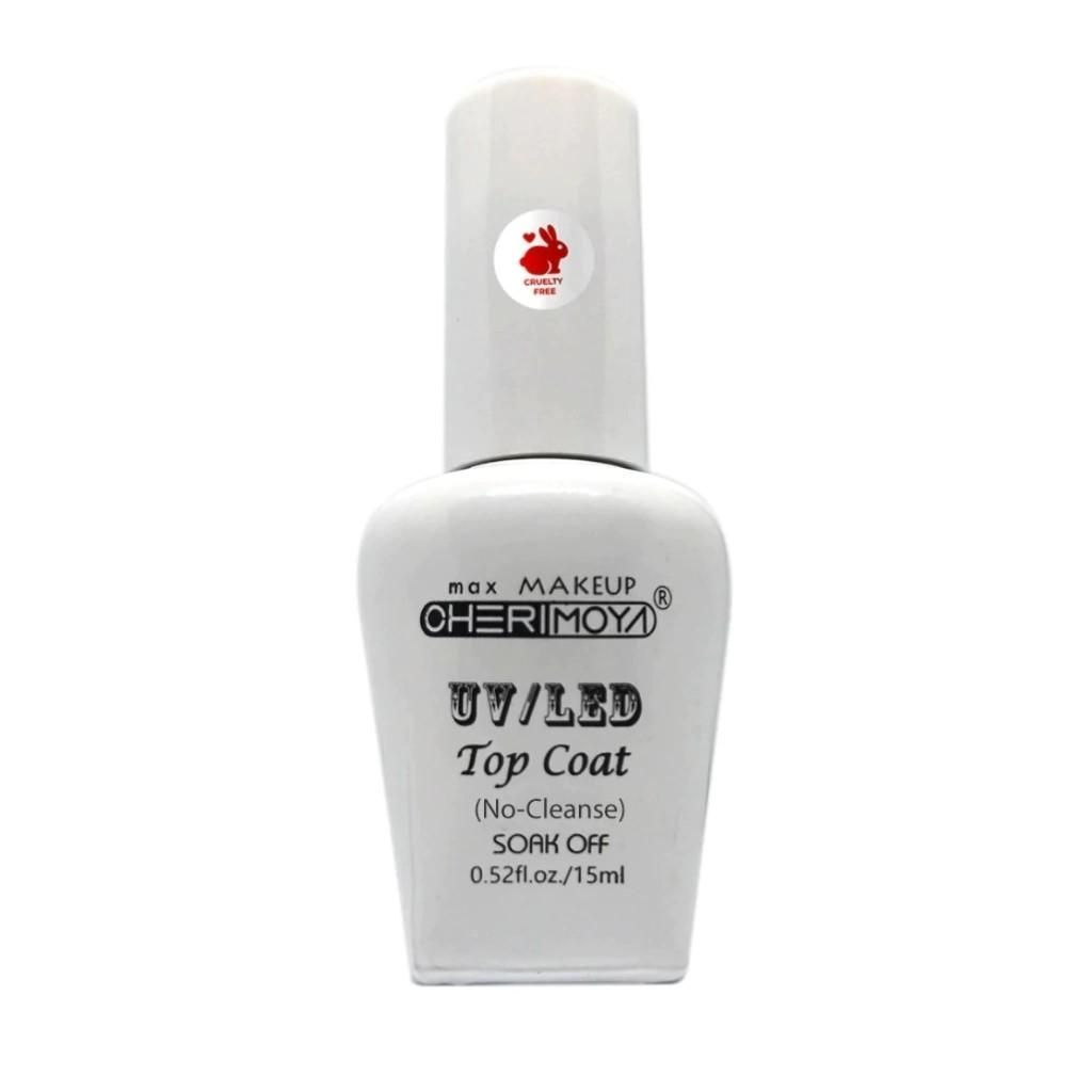 Botella de esmalte de uñas con capa superior UV/LED color chirimoya blanco.