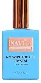 Botella de esmalte de uñas de color azul claro con tapa de color oro rosa, etiquetada "No Wipe Top Gel Crystal".