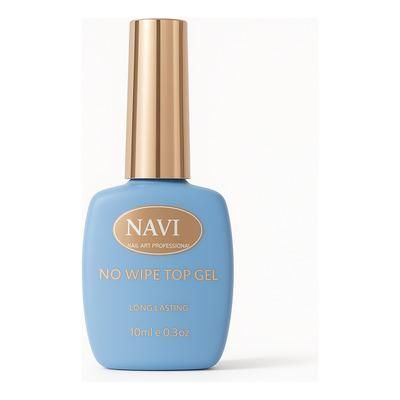 Botella de esmalte de uñas azul con tapón dorado, etiquetada "NAVI NO WIPE TOP GEL".