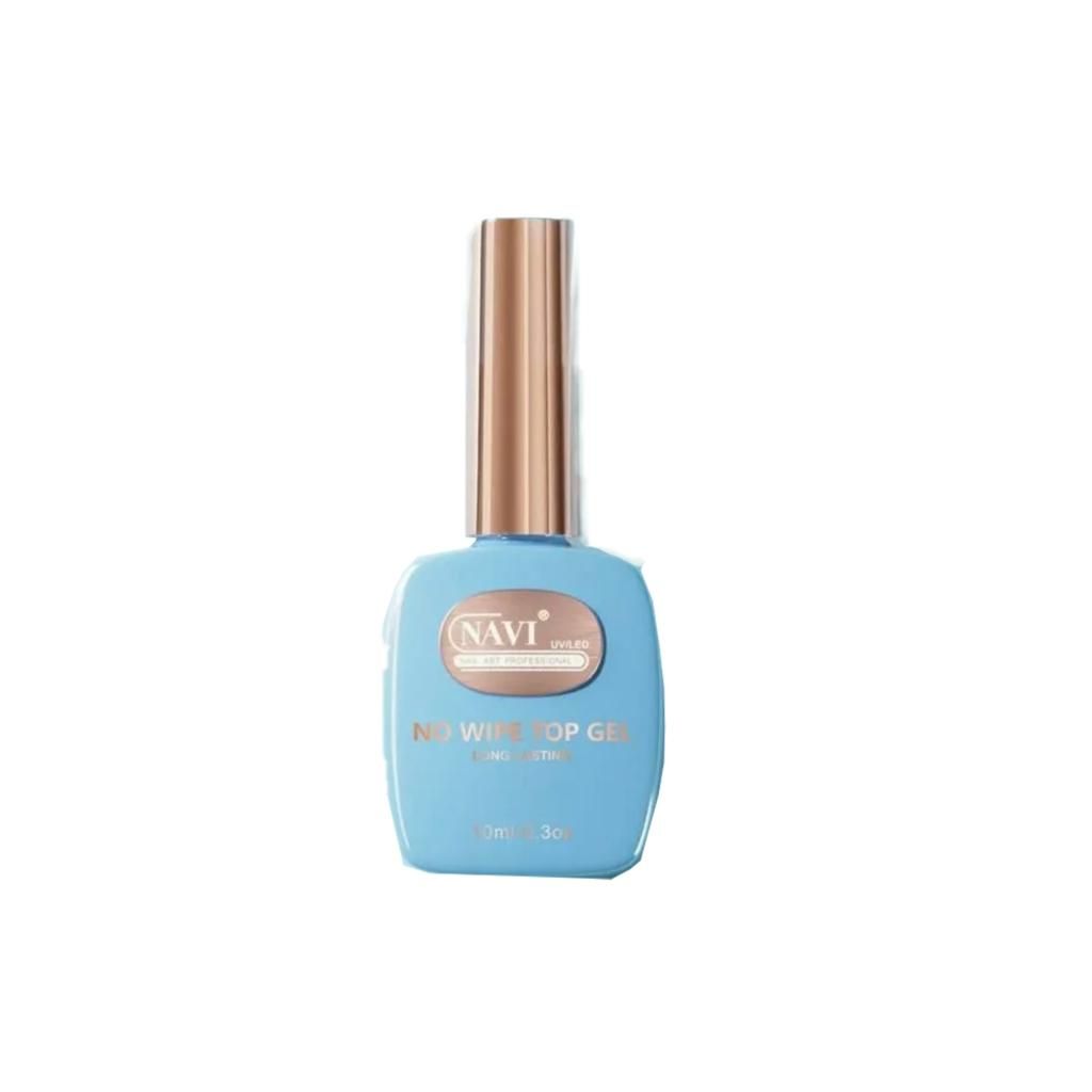 Botella de gel para uñas de color azul, con tapa de cobre y etiquetada "NO WIPE TOP GEL".