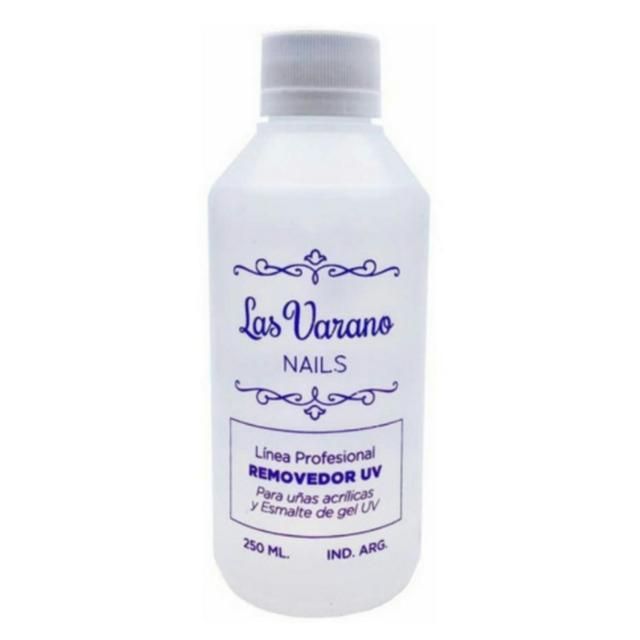 Botella blanca de removedor UV “Las Varano Nails” para uñas acrílicas y esmalte gel UV.