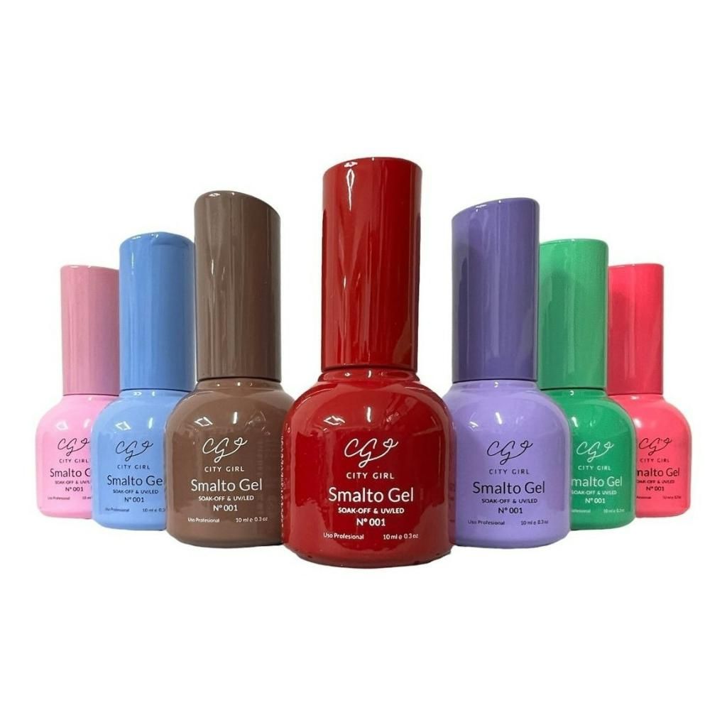 Se exhiben botellas de esmaltes de uñas en gel de colores, incluidos rosa, azul, marrón, rojo, violeta, verde y rosa claro.h
