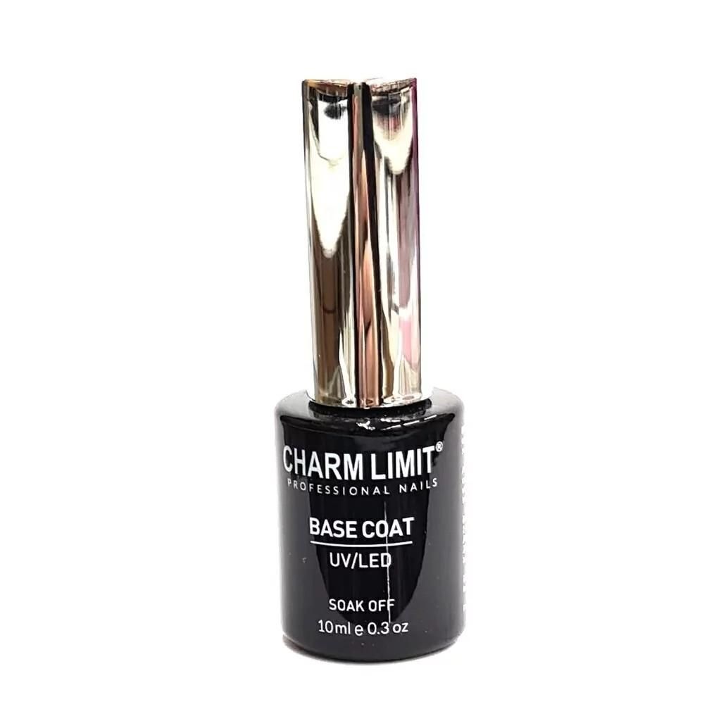 Botella de capa base para uñas en gel Black Charm Limit con tapa plateada.