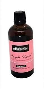 Botella de líquido acrílico, etiqueta rosa, tapón negro.