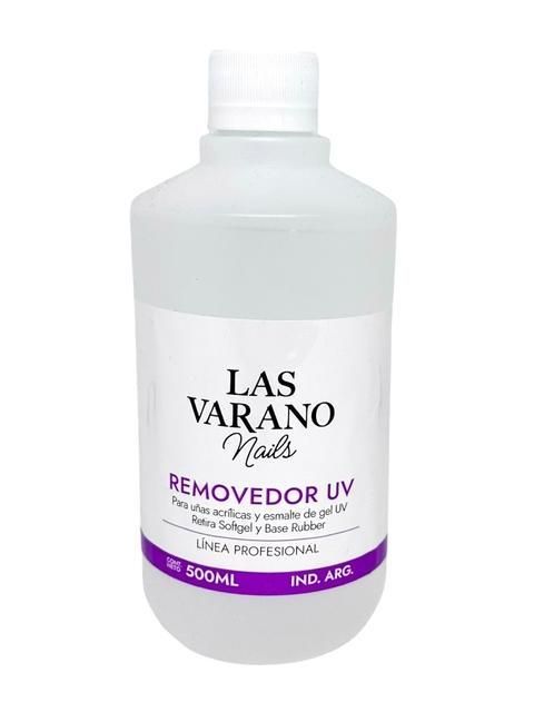 Botella de removedor de gel UV "Las Varano Nails", líquido transparente, etiqueta blanca con texto morado.