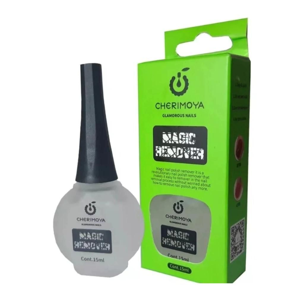 Botella de Removedor Mágico de Chirimoya y su caja. La botella es transparente con tapa negra y la caja es verde.