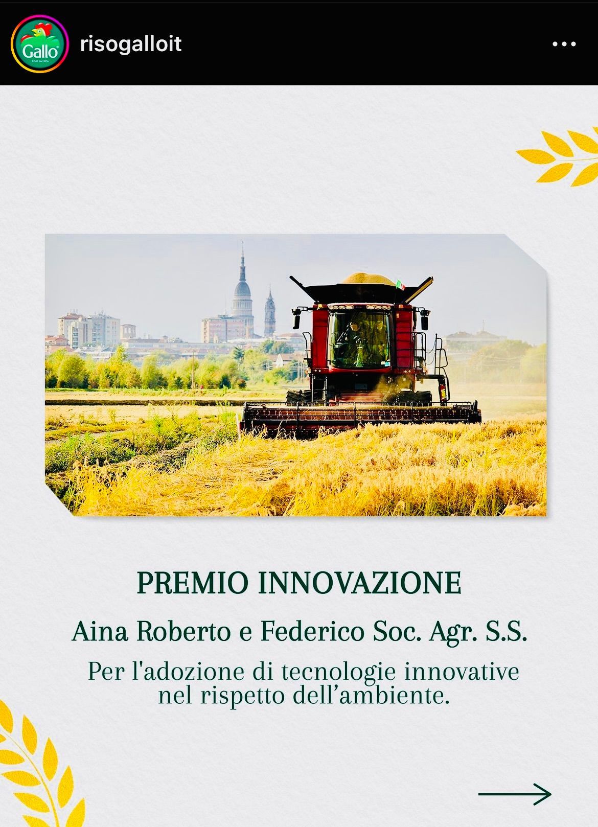 premio innovazione Aina Roberto e Federico Soc. Agr. S.S. per l'adozione di tecnologie innovative nel rispetto dell'ambiente