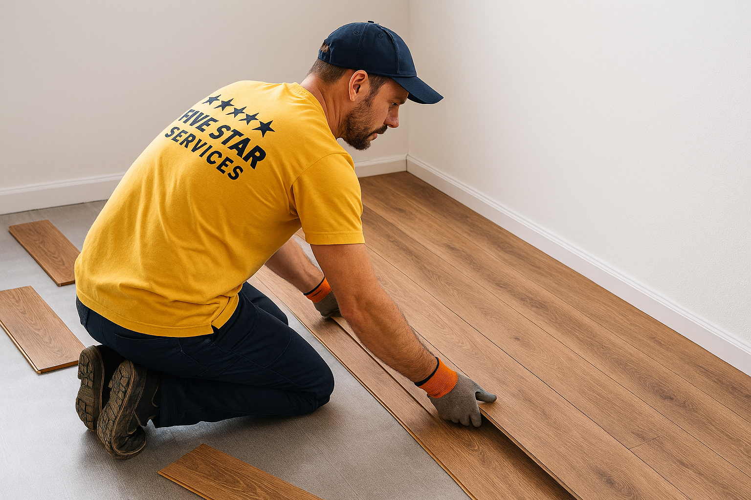 Man kneeling, installing wood flooring in a room with white walls. He's wearing a yellow shirt and blue cap. Man kneeling, installing wood flooring in a room with white walls. He's wearing a yellow shirt and blue cap.