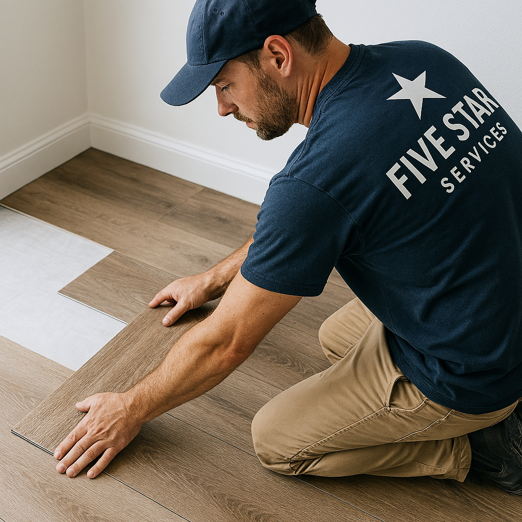 Man kneeling, installing wood flooring in a room with white walls. He's wearing a yellow shirt and blue cap. Man kneeling, installing wood flooring in a room with white walls. He's wearing a yellow shirt and blue cap.
