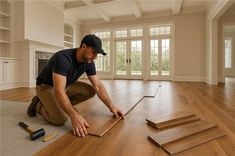 Man kneeling, installing wood flooring in a room with white walls. He's wearing a yellow shirt and blue cap. Man installing hardwood flooring in a light-filled room with large windows. He kneels, aligning boards.