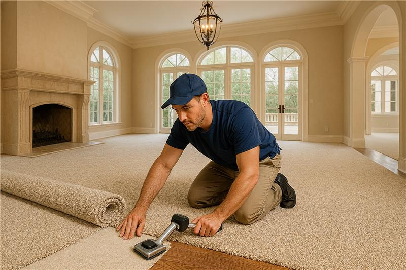 Man installing carpet in a spacious room, kneeling with a tool, and unrolling carpet.
