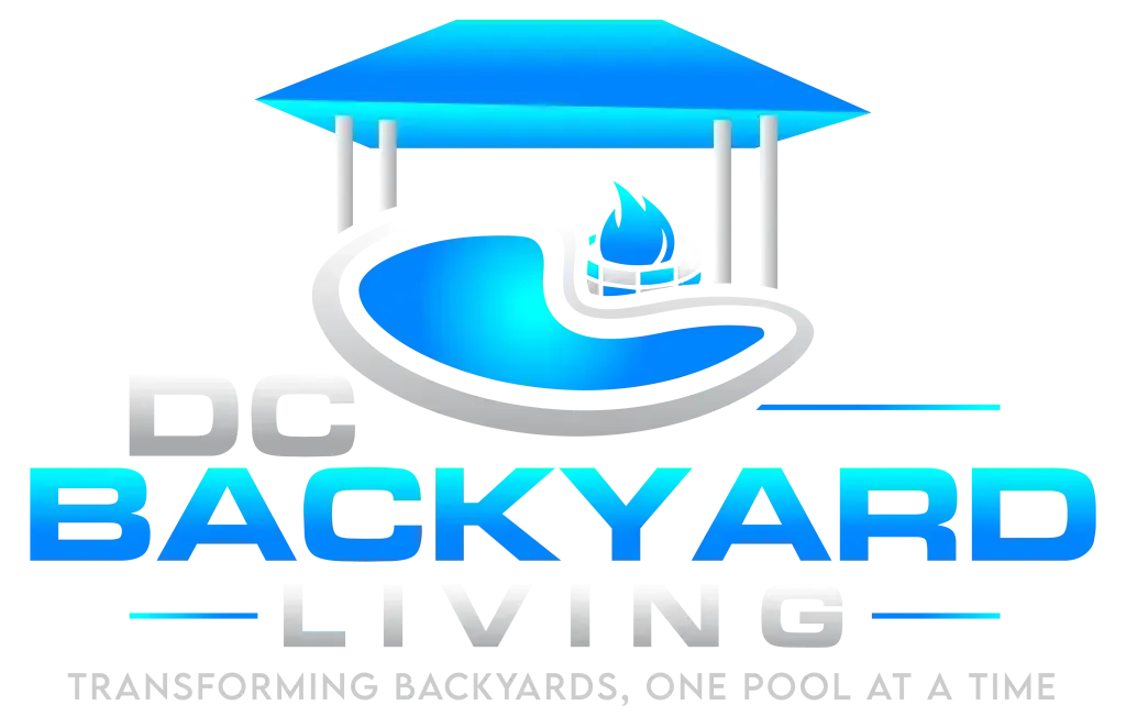 Logo for DC Backyard Living. Blue pool, gazebo, and flame above the words "Backyard Living."