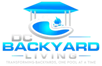 Logo for DC Backyard Living. Blue pool, gazebo, and flame above the words "Backyard Living."