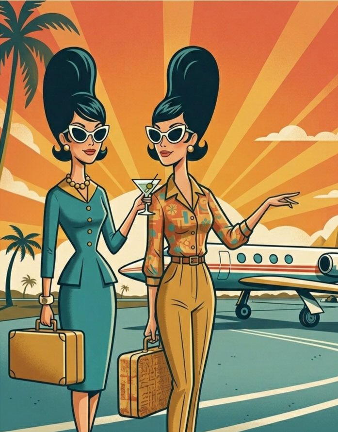 Two women with bouffant hairstyles in 1960s outfits pose near a jet plane, palm trees, and sunset.