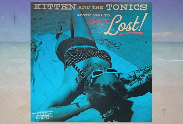 Album cover art with a woman underwater, blue tones, titled “Kitten and the Tonics – Lost!”