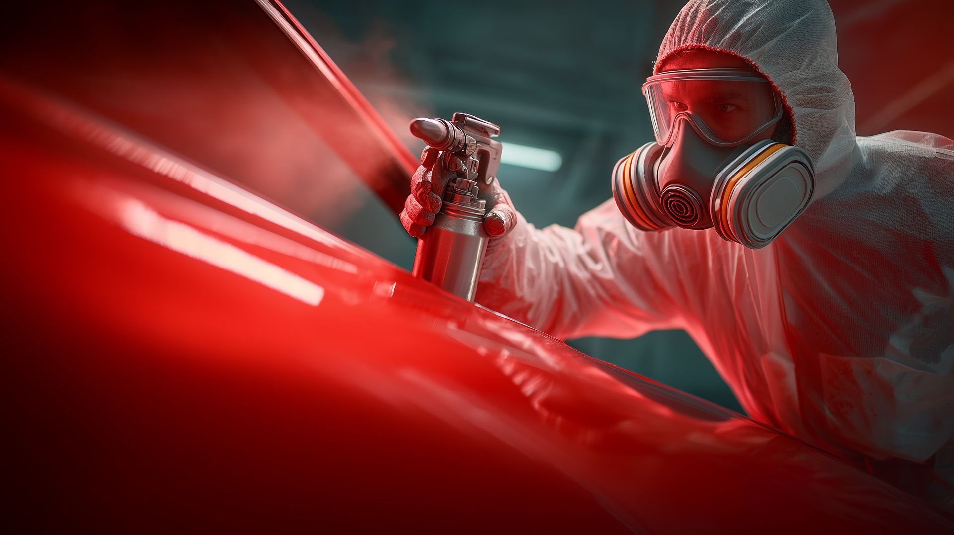 Person in protective suit and respirator spray painting a red surface.