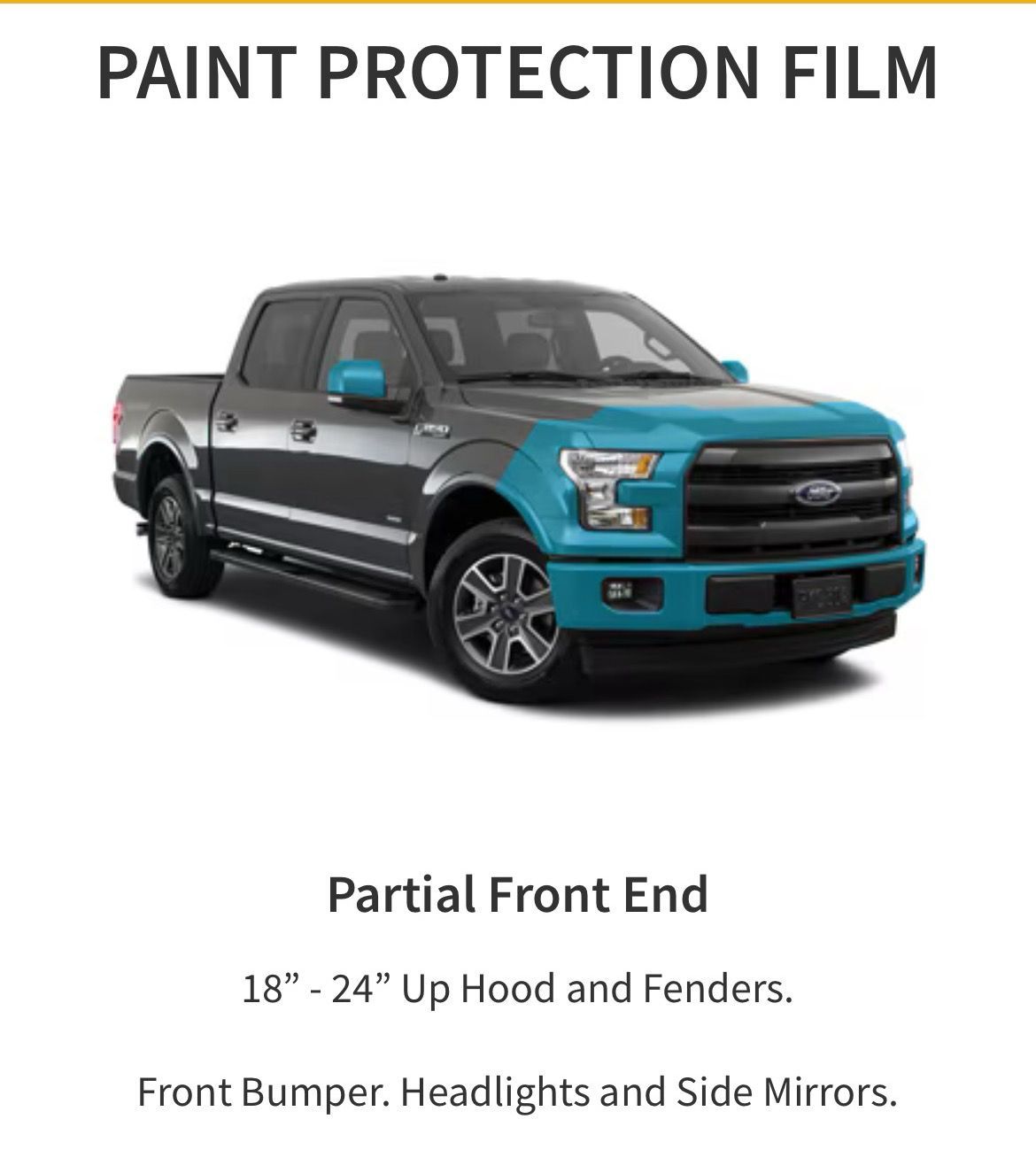 Diagram showing a pickup truck with a blue highlighted partial front end for paint protection film application.