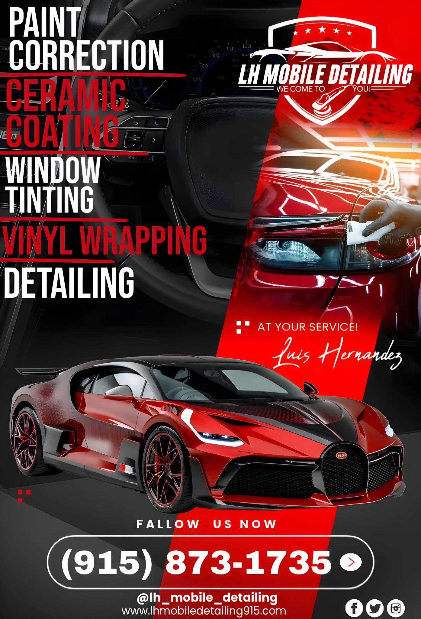 Promotional flyer for LH Mobile Detailing featuring a red Bugatti, service list, and contact information.